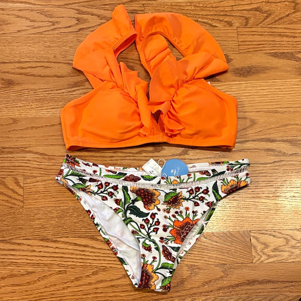 Cupshe Vibrant Orange Top with Floral Bottom Bikini